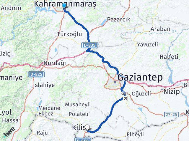Kahramanmaraş Onikişubat Kilis Arası Kaç Km - Yol Haritası