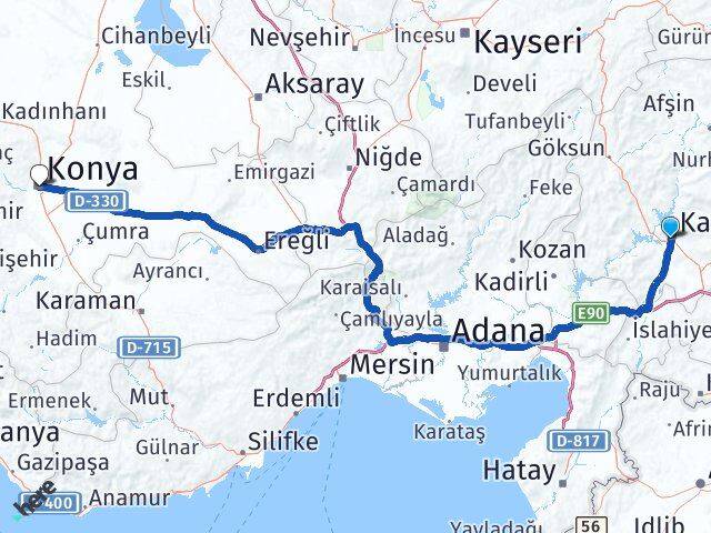 Kahramanmaraş Onikişubat Konya Arası Kaç Km - Yol Haritası