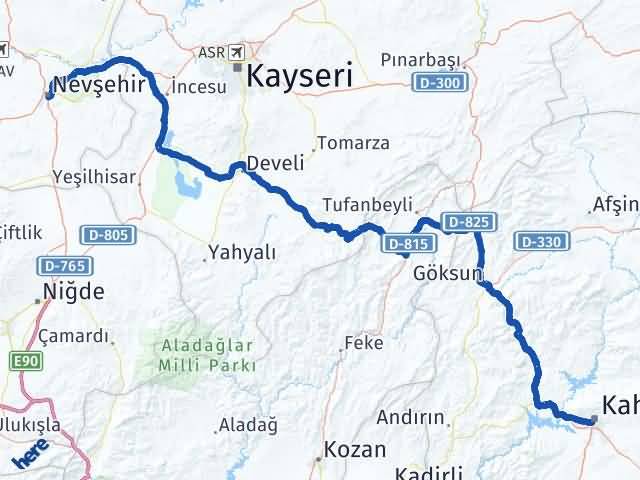 Kahramanmaraş Onikişubat Nevşehir Arası Kaç Km - Yol Haritası