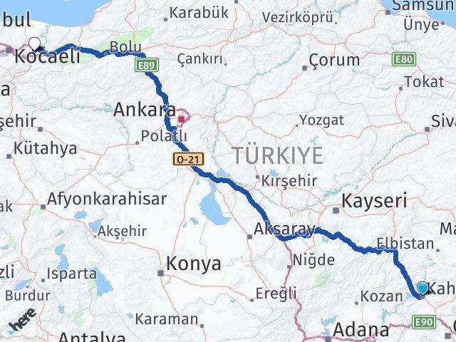 Kahramanmaraş Onikişubat Sakarya Arası Kaç Km - Yol Haritası