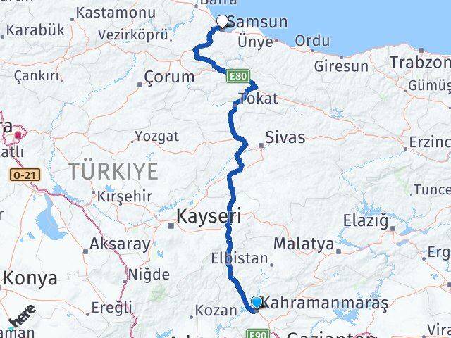 Kahramanmaraş Onikişubat Samsun Arası Kaç Km - Yol Haritası