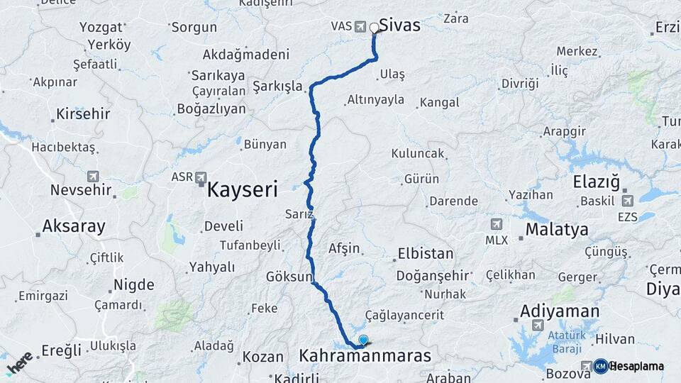 Kahramanmaraş Onikişubat Sivas Arası Kaç Km - Yol Haritası