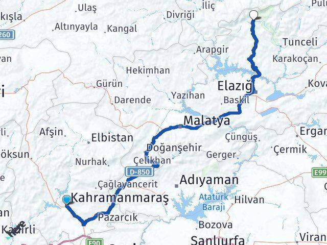 Kahramanmaraş Ovacık Tunceli Arası Kaç Km - Yol Haritası