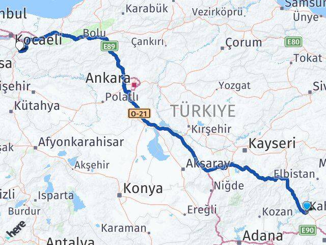 Kahramanmaraş Pamukova Sakarya Arası Kaç Km - Yol Haritası