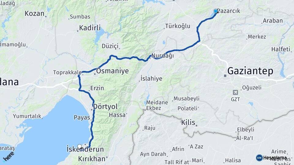 Kahramanmaraş Pazarcık Arsuz Hatay Arası Kaç Km - Yol Haritası