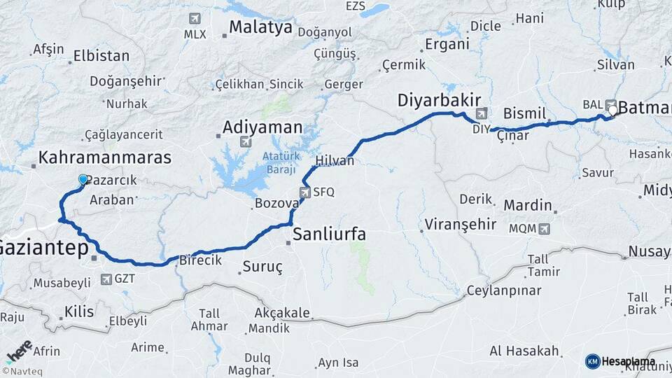 Kahramanmaraş Pazarcık Batman Arası Kaç Km - Yol Haritası