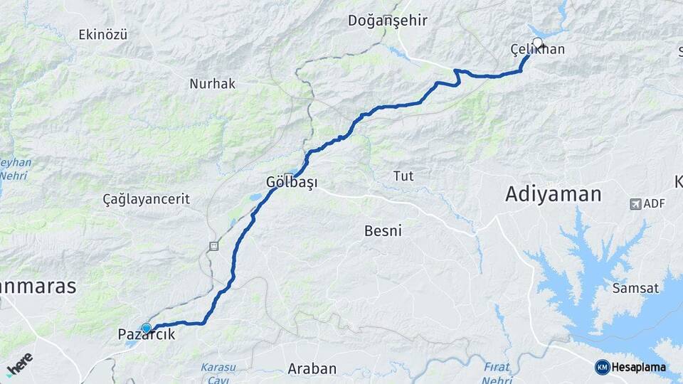 Kahramanmaraş Pazarcık Çelikhan Adıyaman Arası Kaç Km - Yol Haritası