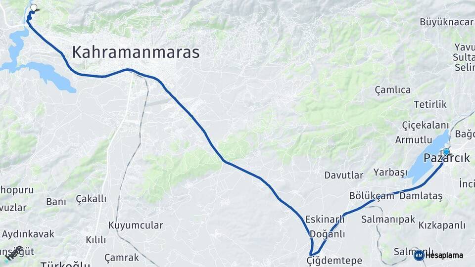 Kahramanmaraş Pazarcık Dulkadiroğlu Arası Kaç Km - Yol Haritası