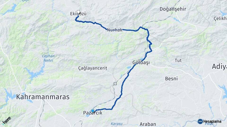 Kahramanmaraş Pazarcık Ekinözü Arası Kaç Km - Yol Haritası