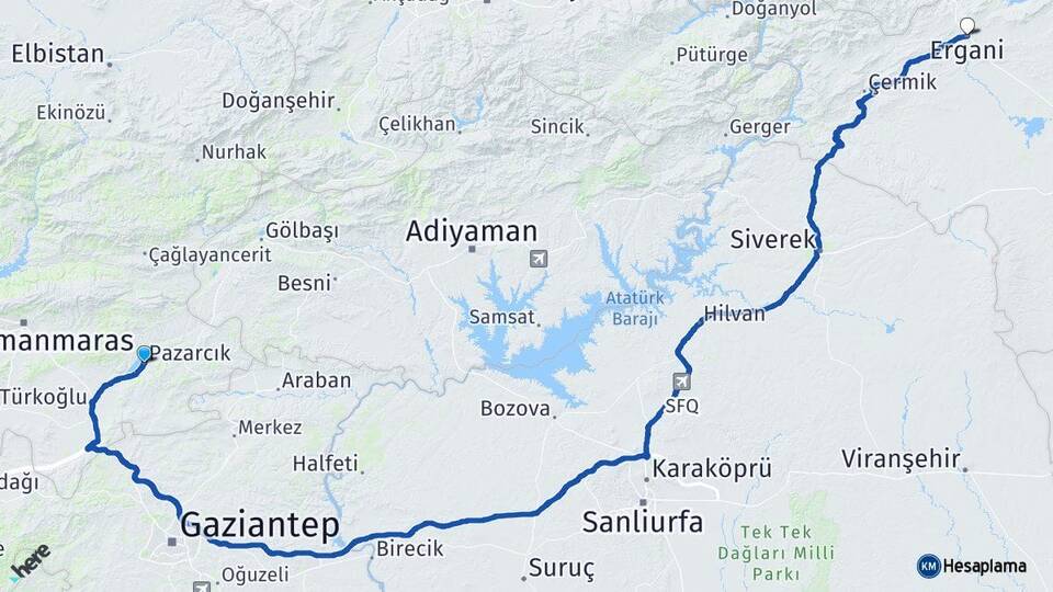 Kahramanmaraş Pazarcık Ergani Diyarbakır Arası Kaç Km - Yol Haritası