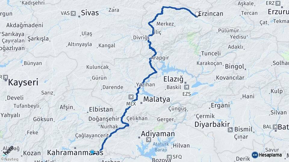 Kahramanmaraş Pazarcık Erzincan Arası Kaç Km - Yol Haritası