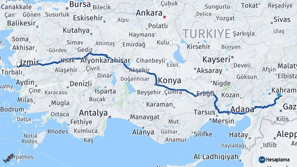 Kahramanmaraş Pazarcık İzmir Arası Kaç Km - Yol Haritası