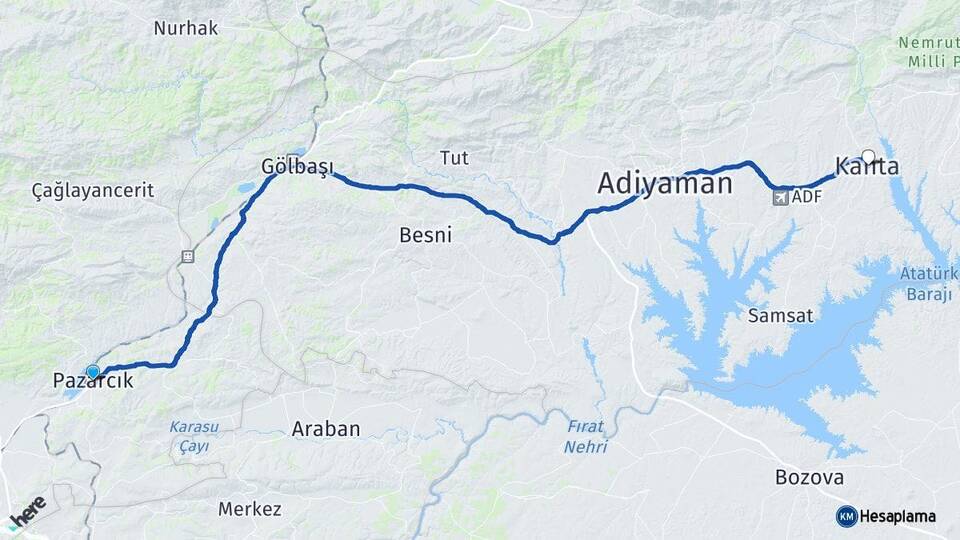 Kahramanmaraş Pazarcık Kahta Adıyaman Arası Kaç Km - Yol Haritası