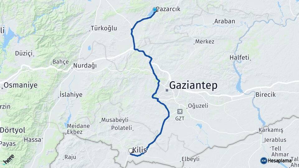Kahramanmaraş Pazarcık Kilis Arası Kaç Km - Yol Haritası