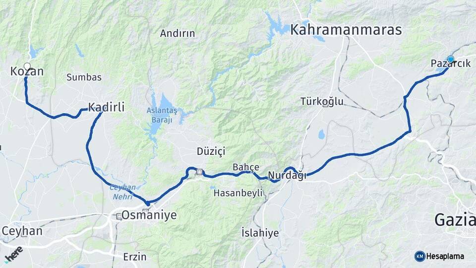 Kahramanmaraş Pazarcık Kozan Adana Arası Kaç Km - Yol Haritası