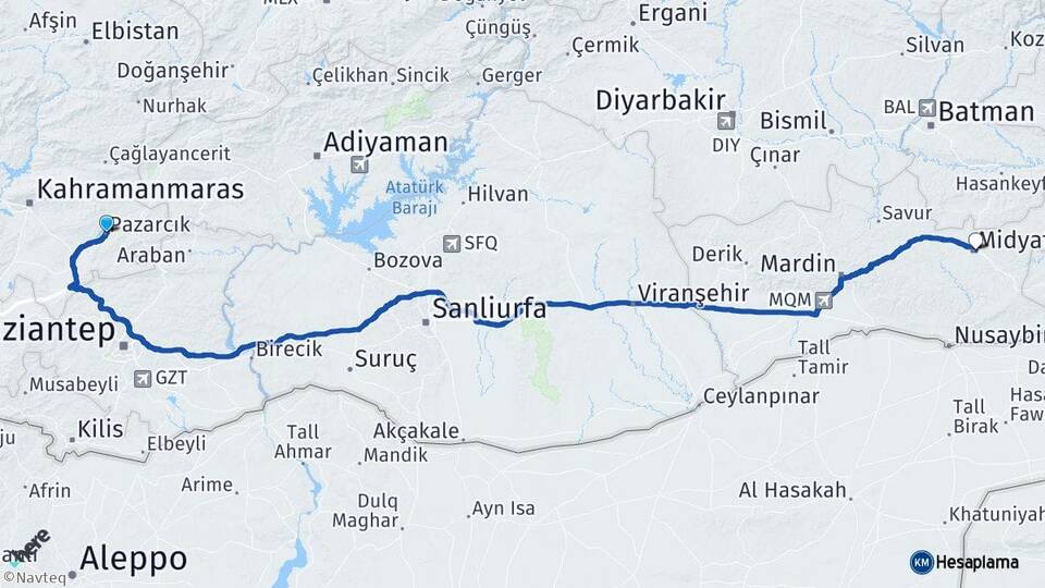 Kahramanmaraş Pazarcık Midyat Mardin Arası Kaç Km - Yol Haritası