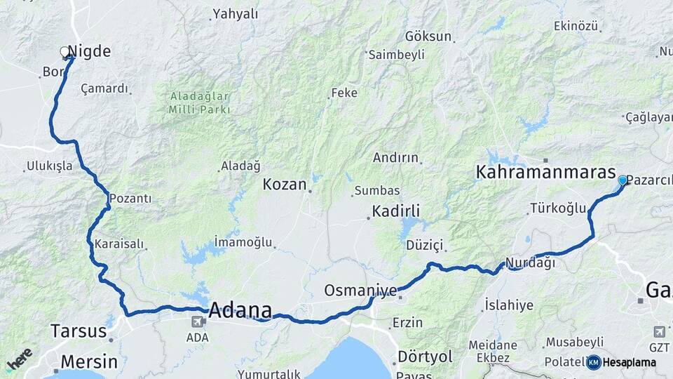 Kahramanmaraş Pazarcık Niğde Arası Kaç Km - Yol Haritası
