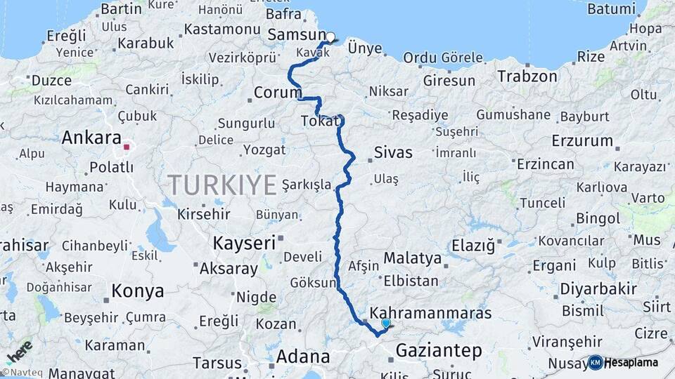 Kahramanmaraş Pazarcık Samsun Arası Kaç Km - Yol Haritası