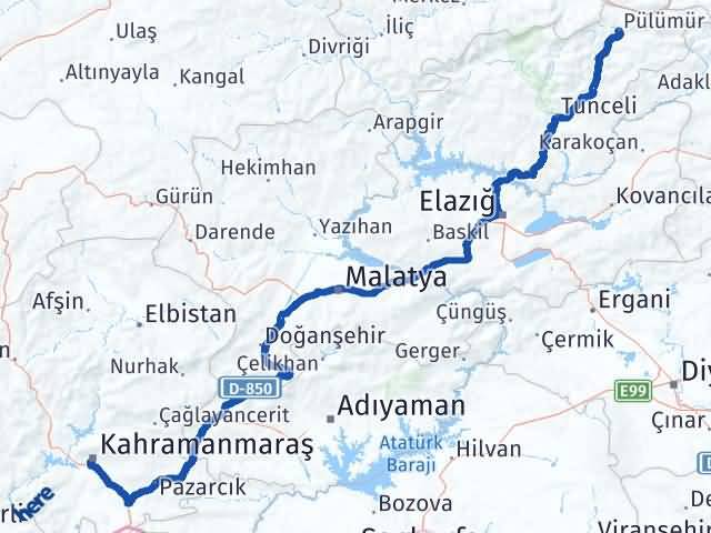 Kahramanmaraş Pülümür Tunceli Arası Kaç Km - Yol Haritası