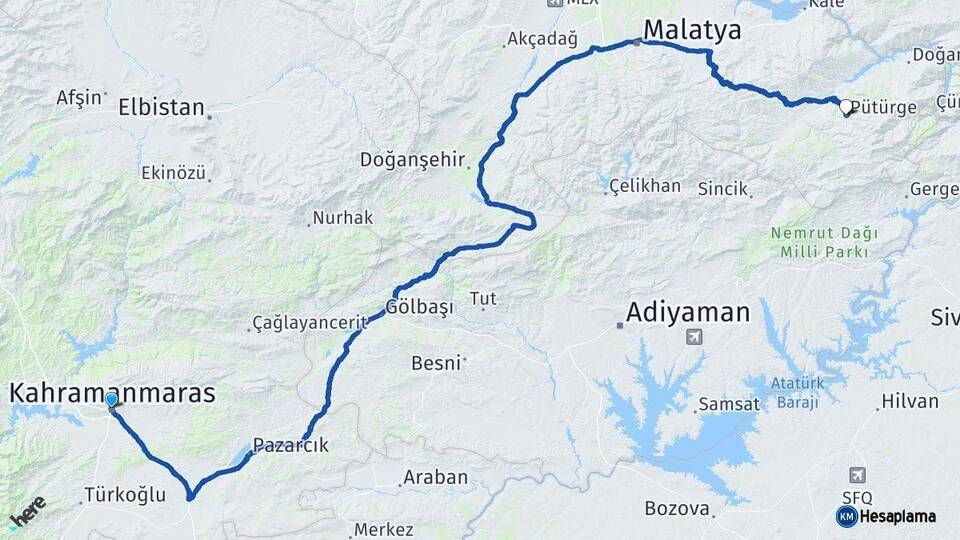 Kahramanmaraş Pütürge Malatya Arası Kaç Km - Yol Haritası