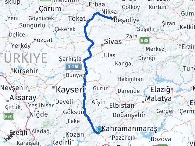 Kahramanmaraş Reşadiye Tokat Arası Kaç Km - Yol Haritası