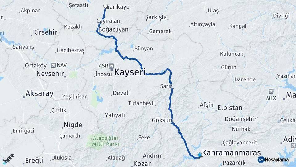 Kahramanmaraş Sarıkaya Yozgat Arası Kaç Km - Yol Haritası