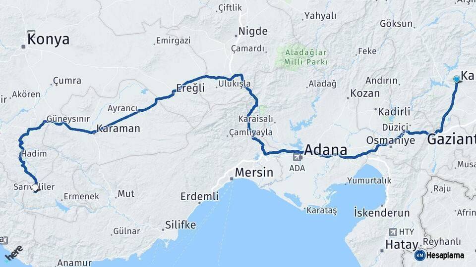Kahramanmaraş Sarıveliler Karaman Arası Kaç Km - Yol Haritası