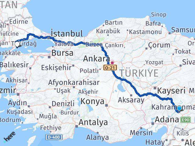 Kahramanmaraş Şarköy Tekirdağ Arası Kaç Km - Yol Haritası