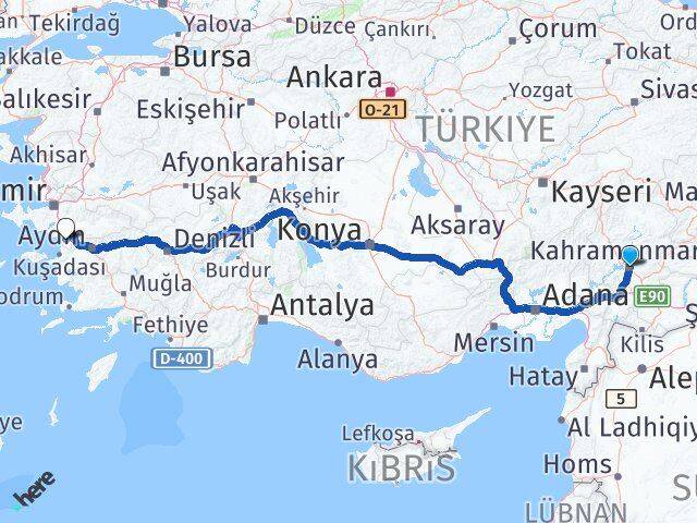 Kahramanmaraş Selçuk İzmir Arası Kaç Km - Yol Haritası