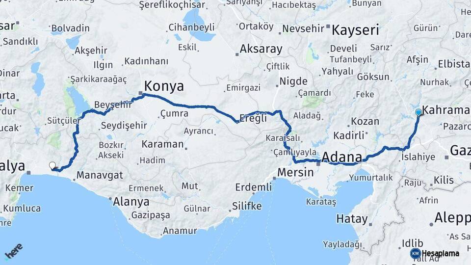 Kahramanmaraş Serik Antalya Arası Kaç Km - Yol Haritası
