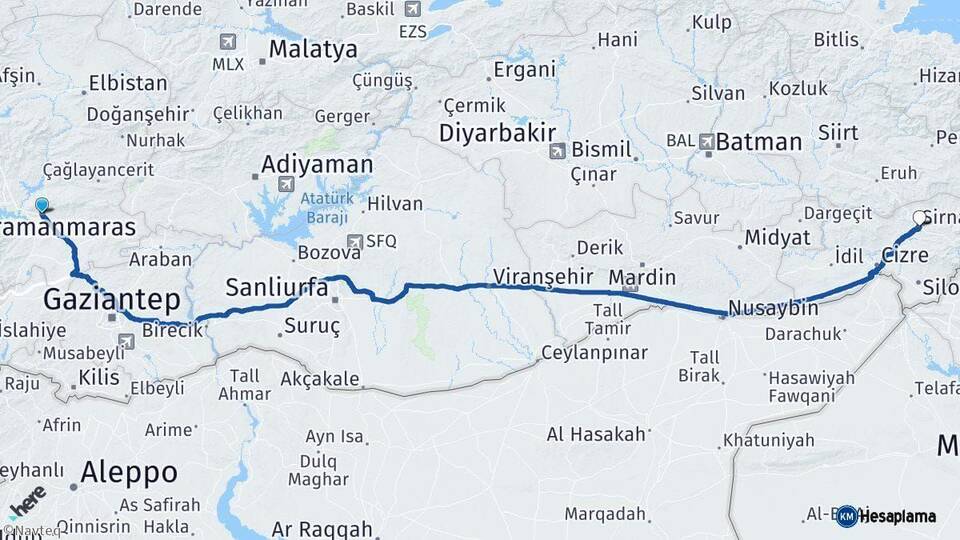 Kahramanmaraş Şırnak Arası Kaç Km - Yol Haritası