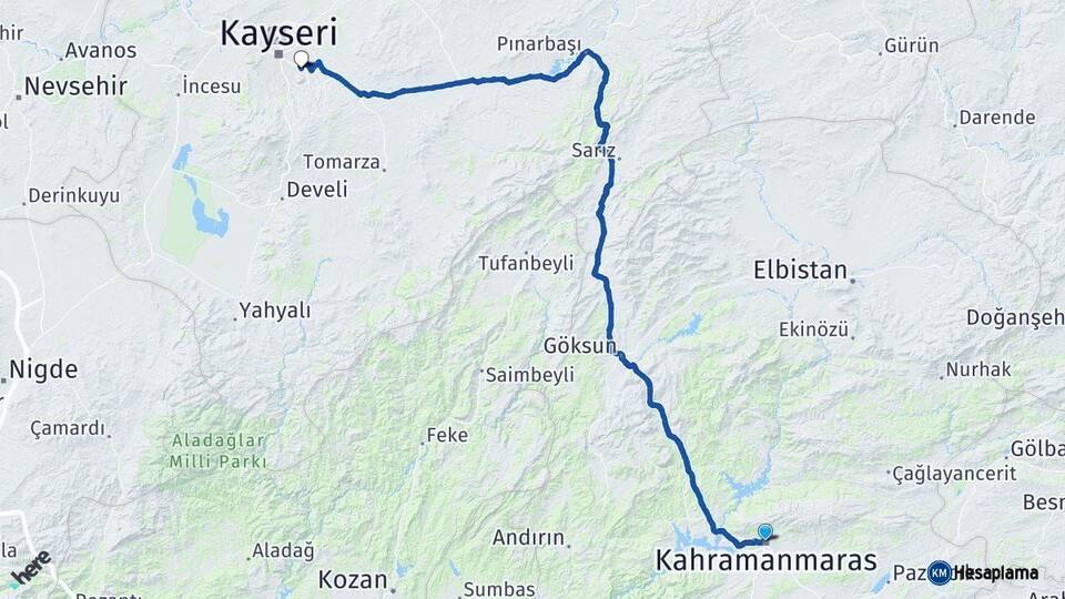 Kahramanmaraş Talas Kayseri Arası Kaç Km - Yol Haritası