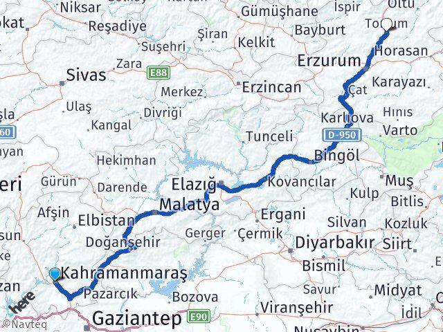 Kahramanmaraş Tortum Erzurum Arası Kaç Km - Yol Haritası