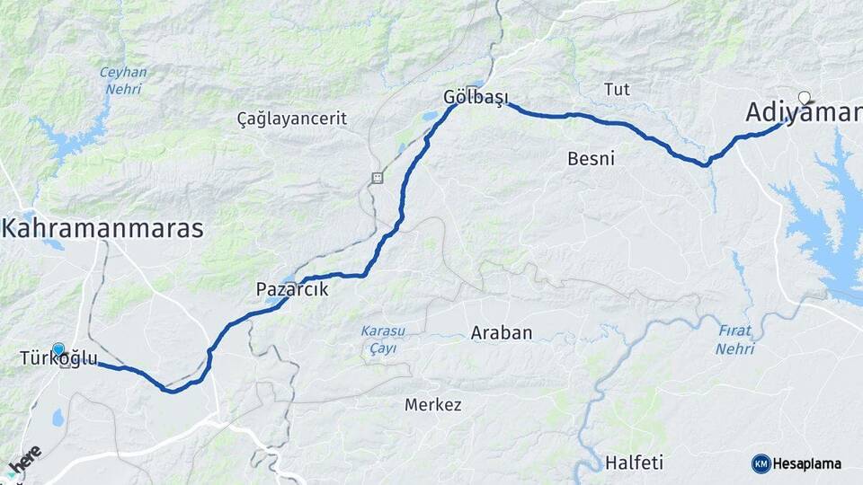 Kahramanmaraş Türkoğlu Adıyaman Arası Kaç Km - Yol Haritası