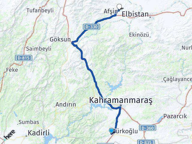 Kahramanmaraş Türkoğlu Afşin Arası Kaç Km - Yol Haritası
