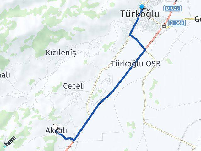Kahramanmaraş Türkoğlu Akçalı Türkoğlu Arası Kaç Km - Yol Haritası