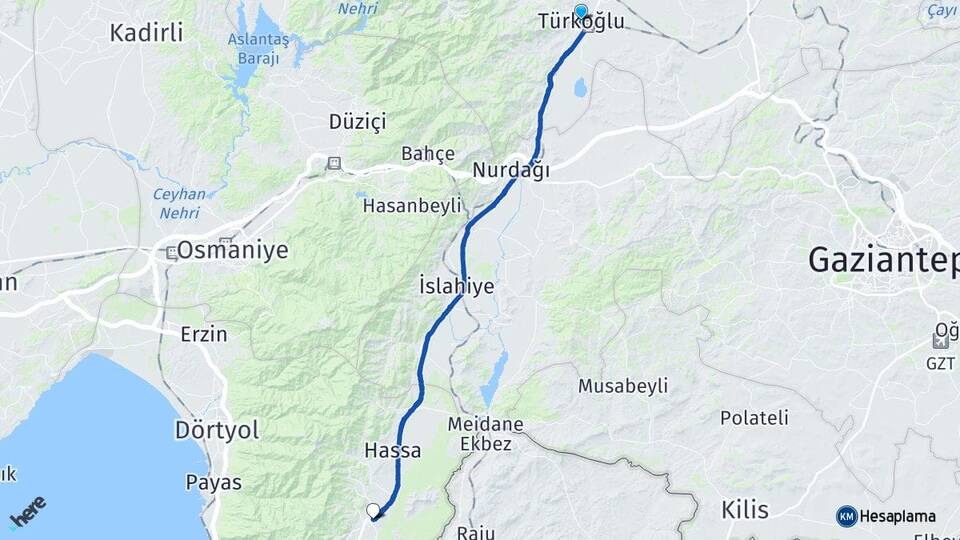 Kahramanmaraş Türkoğlu Aktepe Hassa Hatay Arası Kaç Km - Yol Haritası