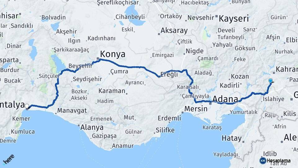 Kahramanmaraş Türkoğlu Antalya Arası Kaç Km - Yol Haritası