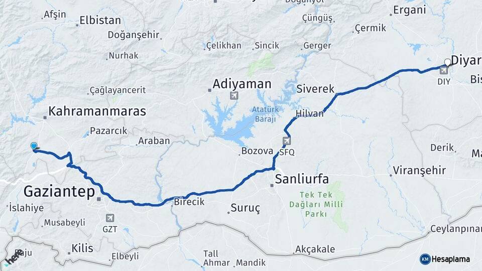 Kahramanmaraş Türkoğlu Diyarbakır Arası Kaç Km - Yol Haritası