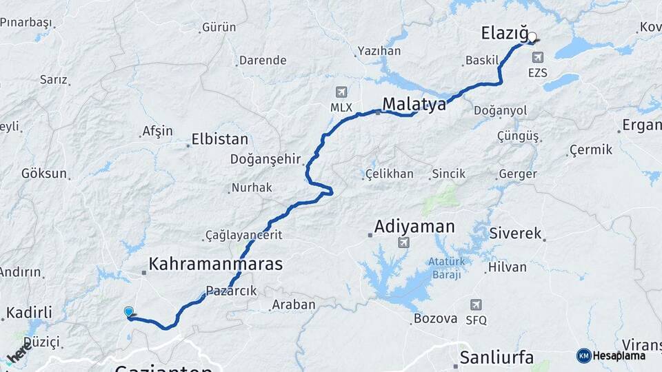 Kahramanmaraş Türkoğlu Elazığ Arası Kaç Km - Yol Haritası