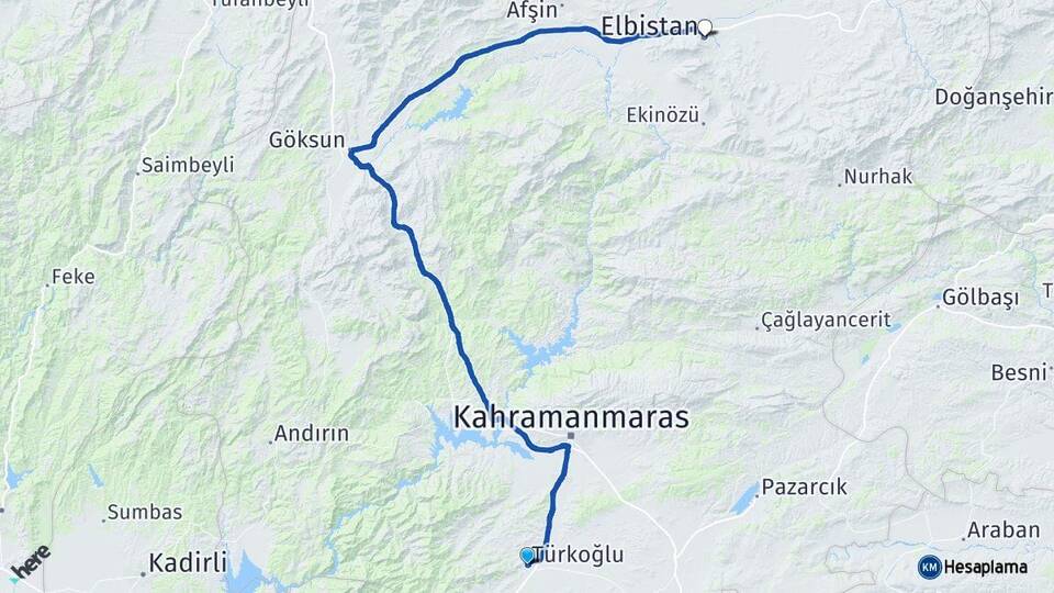 Kahramanmaraş Türkoğlu Elbistan Arası Kaç Km - Yol Haritası