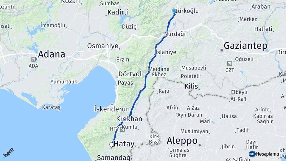 Kahramanmaraş Türkoğlu Hatay Arası Kaç Km - Yol Haritası