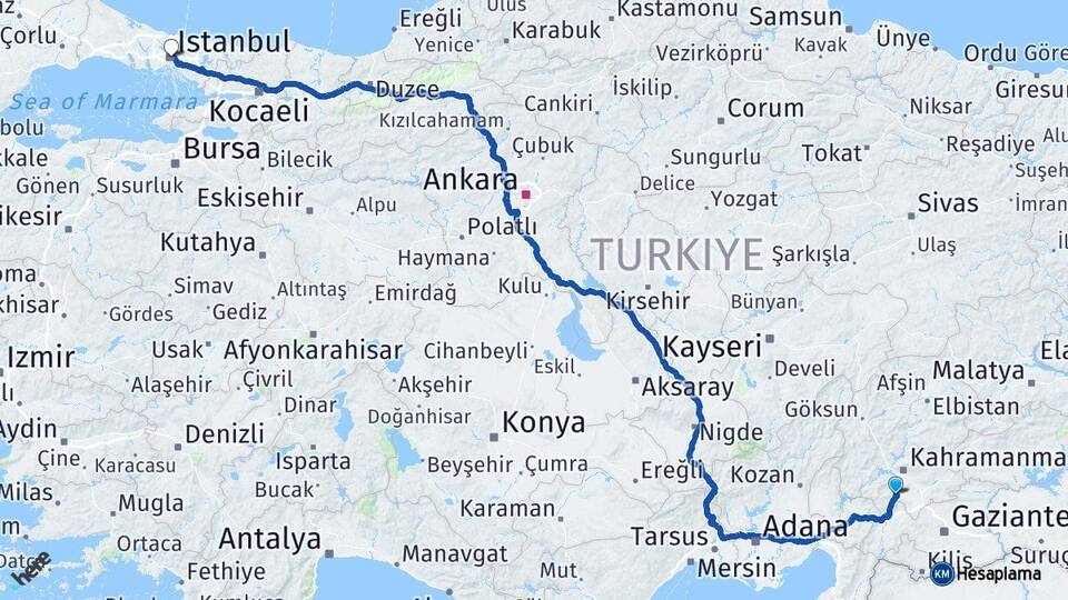 Kahramanmaraş Türkoğlu İstanbul Arası Kaç Km - Yol Haritası