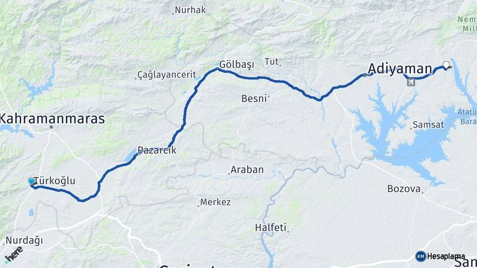 Kahramanmaraş Türkoğlu Kahta Adıyaman Arası Kaç Km - Yol Haritası