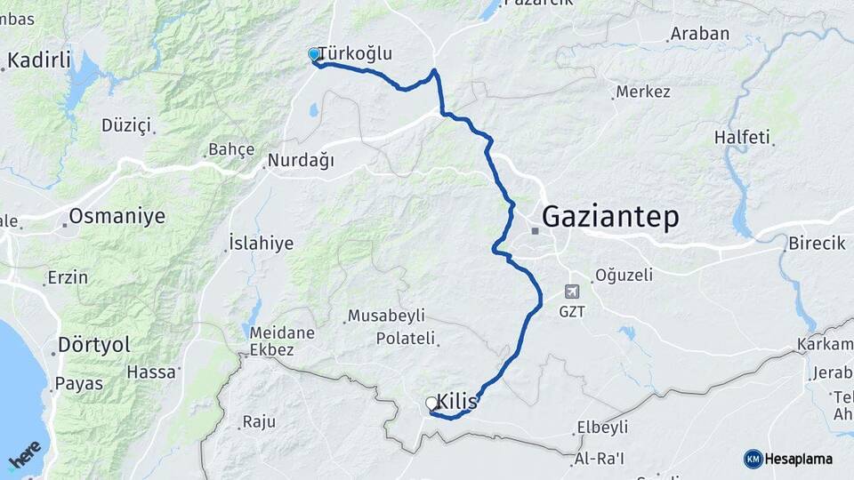 Kahramanmaraş Türkoğlu Kilis Arası Kaç Km - Yol Haritası