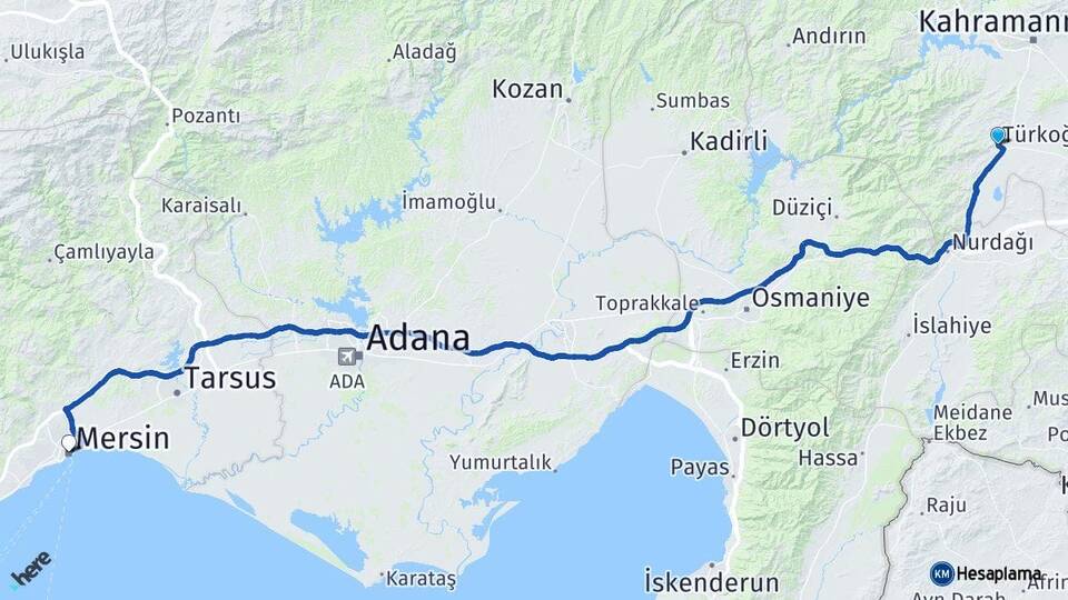 Kahramanmaraş Türkoğlu Mersin Arası Kaç Km - Yol Haritası