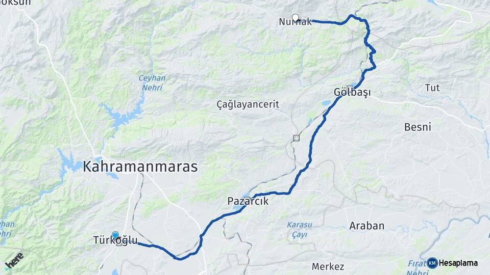 Kahramanmaraş Türkoğlu Nurhak Arası Kaç Km - Yol Haritası