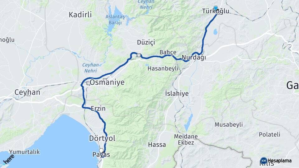 Kahramanmaraş Türkoğlu Payas Hatay Arası Kaç Km - Yol Haritası