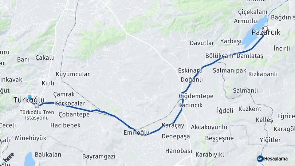 Kahramanmaraş Türkoğlu Pazarcık Arası Kaç Km - Yol Haritası