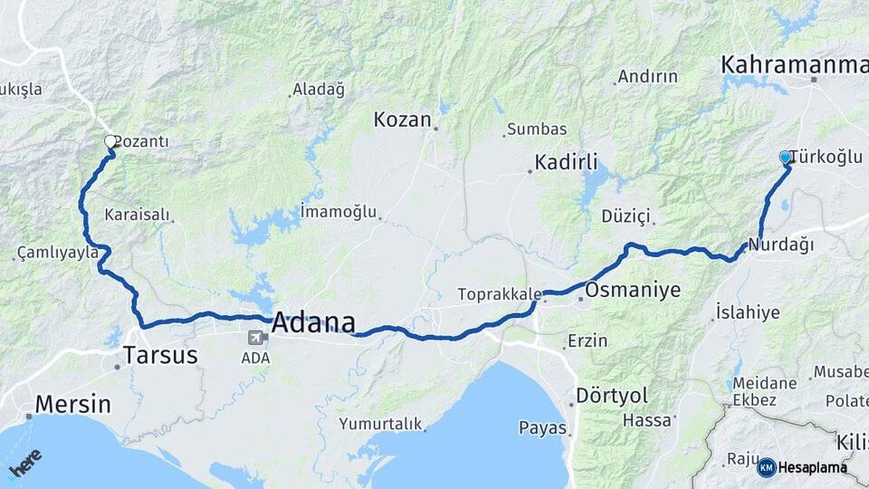 Kahramanmaraş Türkoğlu Pozantı Adana Arası Kaç Km - Yol Haritası